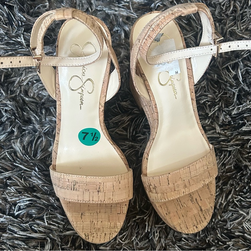 Jessica Simpson Tan Wedge Sandals with Textured Heel - Picture 3 of 4